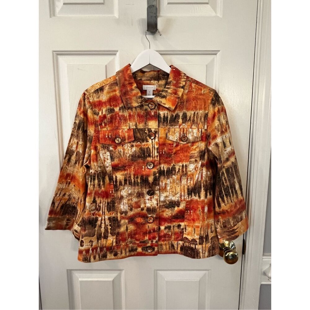 Chico’s Golden Orange Watercolor Sedona Print Button Down Jacket sz 1 or M 8-10